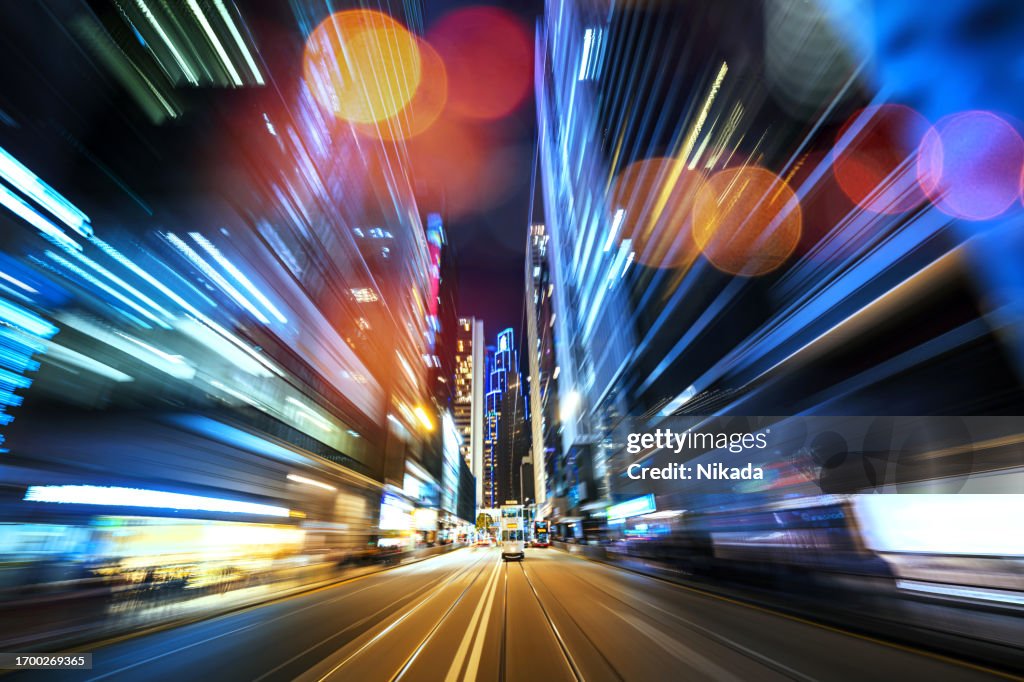 Abstract motion-blurred view from a moving tram Hongkong