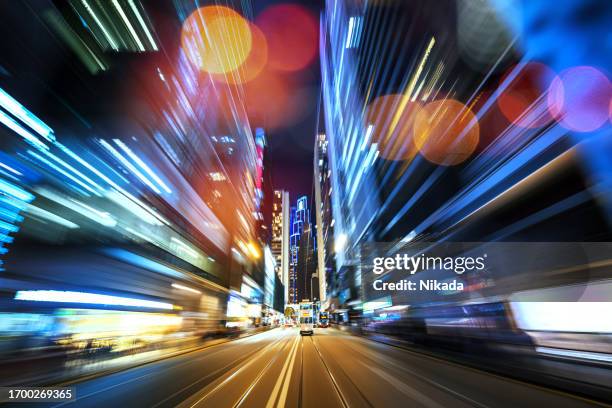 abstract motion-blurred view from a moving tram hongkong - railway tracks sunset stock pictures, royalty-free photos & images