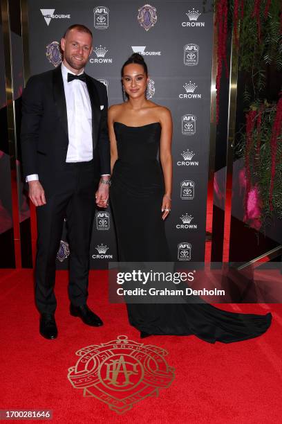 Sam Docherty and wife Natalie Docherty arrive ahead of the 2023 Brownlow Medal at Crown Palladium on September 25, 2023 in Melbourne, Australia.