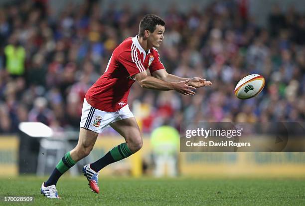 Jonny Sexton of the Lions passes the ball during the tour match between the Western Force and the British & Irish Lions at Patersons Stadium on June...