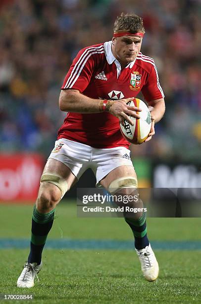 Jamie Heaslip of the Lions runs with the ball during the tour match between the Western Force and the British & Irish Lions at Patersons Stadium on...