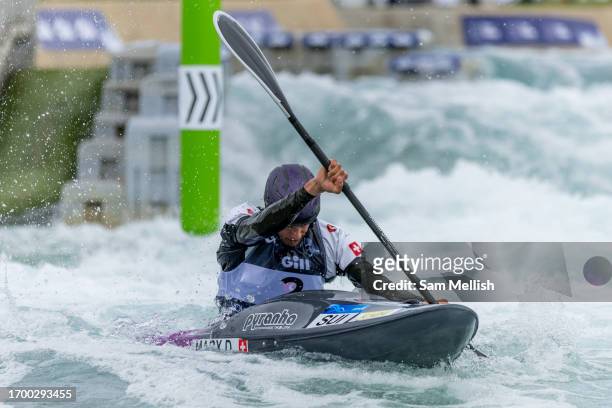 Dimitri Marx of Switzerland competes in the men's Kayak Cross Time Trials during the ICF Canoe Slalom World Championships at Lee Valley White Water...