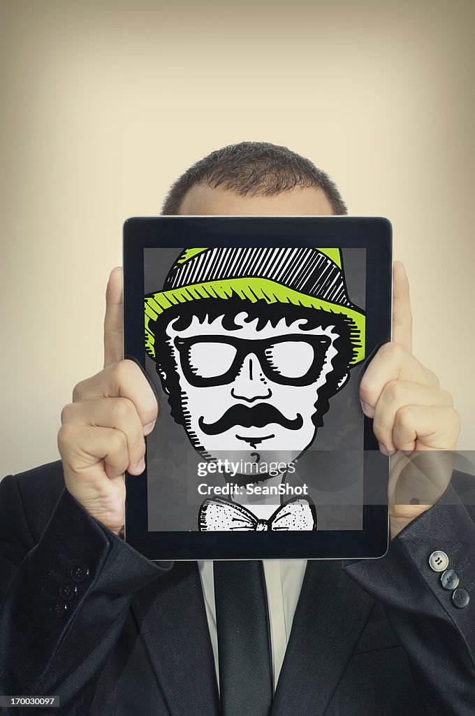 Young Businessman With Hipster illustration in a Digital Tablet