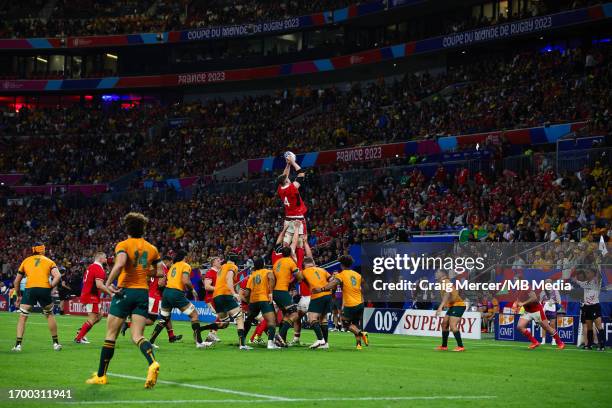Will Rowlands of Wales wins a lineout during the Rugby World Cup France 2023 match between Wales and Australia at Parc Olympique on September 24,...