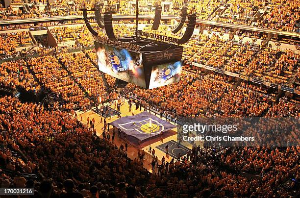 General interior view of the arena during pregame festivities between the Indiana Pacers and the Miami Heat during Game Four of the Eastern...
