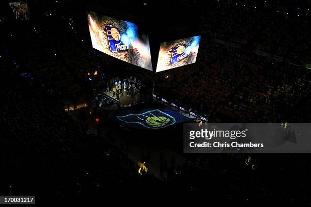 General interior view of the arena during pregame festivities between the Indiana Pacers and the Miami Heat during Game Four of the Eastern...