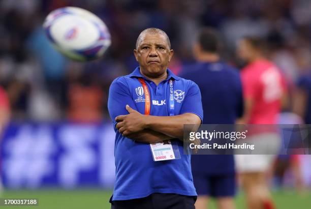 Allister Coetzee, Head Coach of Namibia looks on prior to the Rugby World Cup France 2023 match between France and Namibia at Stade Velodrome on...