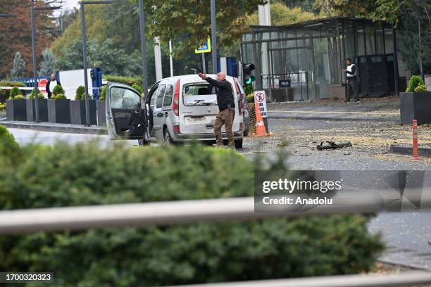 View of a damaged vehicle, which is used by 2 terrorists to carry out attack near the Turkish Interior Ministry in Turkish capital of Ankara, with 1...