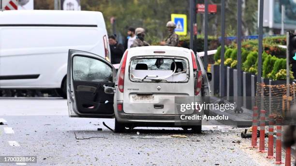 View of a damaged vehicle, which is used by 2 terrorists to carry out attack near the Turkish Interior Ministry in Turkish capital of Ankara, with 1...
