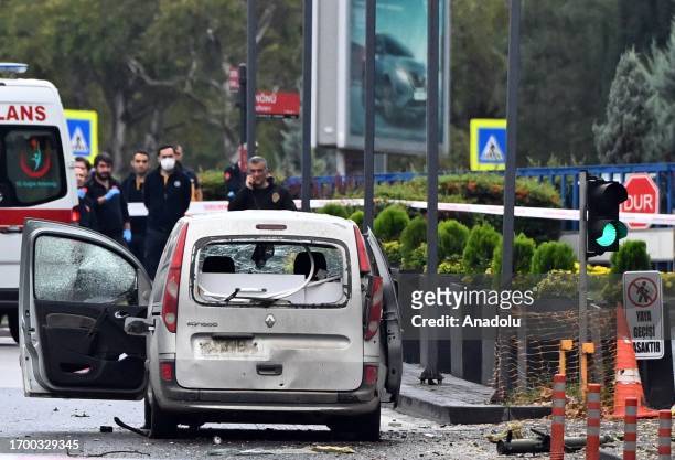 View of a damaged vehicle, which is used by 2 terrorists to carry out attack near the Turkish Interior Ministry in Turkish capital of Ankara, with 1...