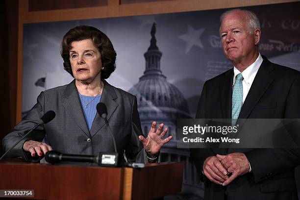 Chairman and Vice Chairman of the U.S. Senate Select Committee on Intelligence, Sen. Dianne Feinstein and U.S. Sen. Saxby Chambliss , speak to...