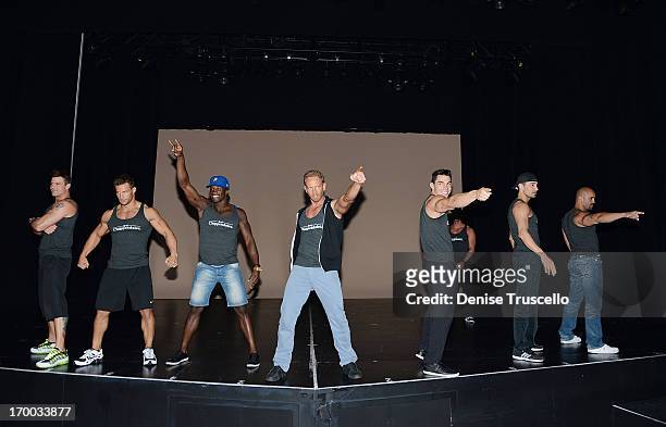 Ian Ziering rehearses with the Las Vegas cast of Chippendales Nathan Minor, Sami Eskelin, Chaun Thomas, Jonny Howes, Juan Deangelo and John Rivera at...