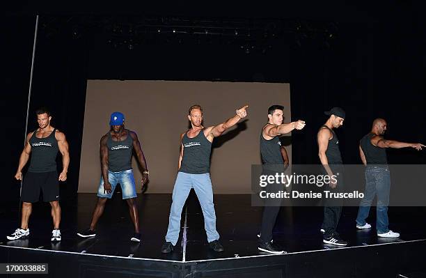 Ian Ziering rehearses with the Las Vegas cast of Chippendales Nathan Minor, Sami Eskelin, Chaun Thomas, Jonny Howes, Juan Deangelo and John Rivera at...