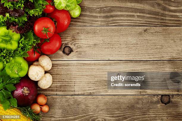 healthy organic vegetables on a wooden background - green mushroom stock pictures, royalty-free photos & images