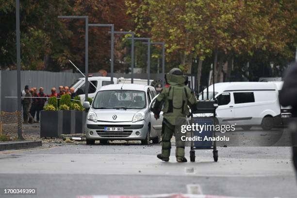 Bomb squads at the scene after terrorists detonated explosives near the Turkish Interior Ministry in Turkish capital of Ankara on October 01, 2023....