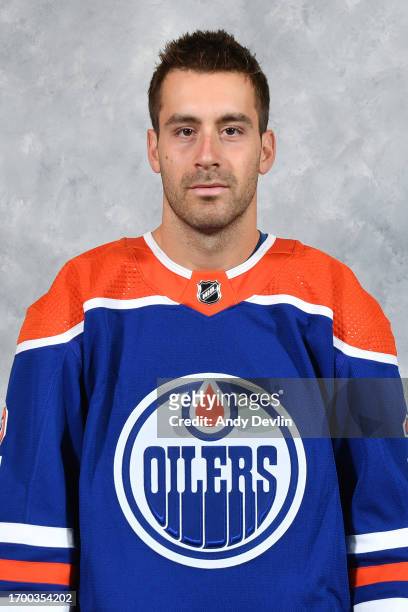 Evan Bouchard of the Edmonton Oilers poses for his official headshot for the 2023-2024 season on September 20, 2023 at Rogers Place in Edmonton,...