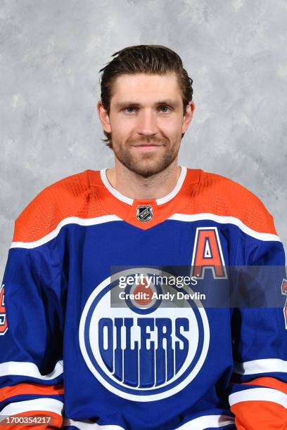 Leon Draisaitl of the Edmonton Oilers poses for his official headshot for the 2023-2024 season on September 20, 2023 at Rogers Place in Edmonton,...