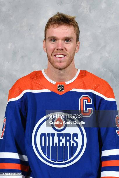 Connor McDavid of the Edmonton Oilers poses for his official headshot for the 2023-2024 season on September 20, 2023 at Rogers Place in Edmonton,...