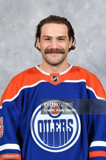 Stuart Skinner of the Edmonton Oilers poses for his official headshot for the 2023-2024 season on September 20, 2023 at Rogers Place in Edmonton,...