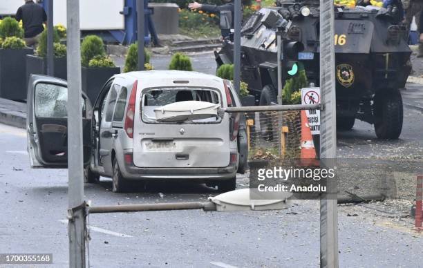 View of a damaged vehicle, used by terrorists to carry out attack near the Turkish Interior Ministry in Turkish capital of Ankara, on October 01,...