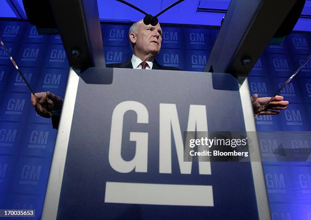 Dan Akerson, chairman and chief executive officer of General Motors Co. , addresses reporters after GM's annual meeting at company headquarters in...