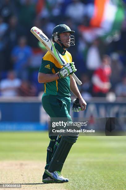 De Villiers of South Africa walks off dejectedly after being dismissed during the Group B ICC Champions Trophy match between India and South Africa...