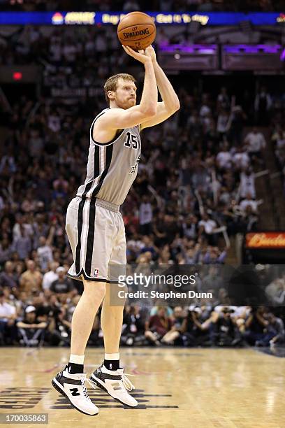 Matt Bonner of the San Antonio Spurs attempts a shot against the Memphis Grizzlies during Game Two of the Western Conference Finals of the 2013 NBA...