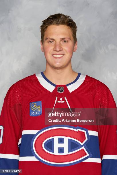 Cayden Primeau of the Montreal Canadiens poses for his official headshot for the 2023-24 season at Sports Complex CN on September 19, 2023 in...