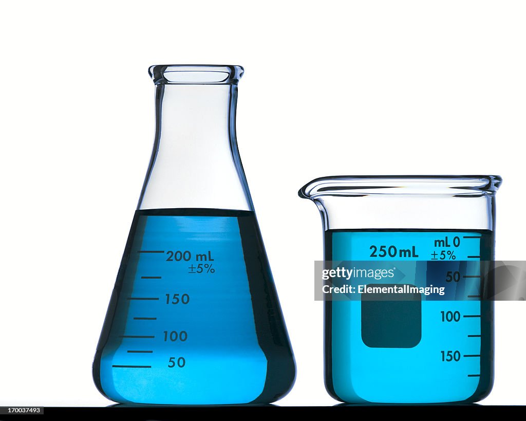 Blue Flask and Beaker Isolated on White with Clipping Path
