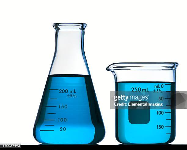 blue flask and beaker isolated on white with clipping path - chemistry stock pictures, royalty-free photos & images