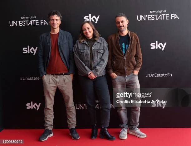 Directors Davide Marengo, Marta Savina and screenwriter Valerio Cilio attend the photocall of "Un'estate fa" Sky Tv Series at Cinema Troisi on...