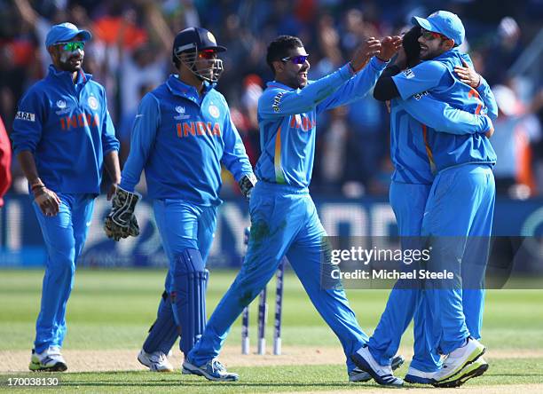 Ravindra Jadeja of India leads the celebrations after a wicket during the Group B ICC Champions Trophy match between India and South Africa at the...