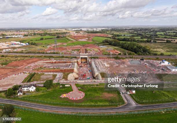An aerial view of the HS2 Streethay bridge which will allow HS2 high speed trains to pass under the West Coast rail mainline on September 25, 2023 in...