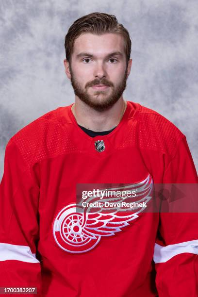 Michael Rasmussen of the Detroit Red Wings poses for his official headshot for the 2023-2024 season at Center Ice Arena on September 15, 2023 in...