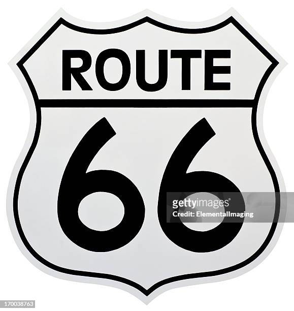 historic route 66 shield shaped sign.  isolated with clipping path. - route 66 stock pictures, royalty-free photos & images