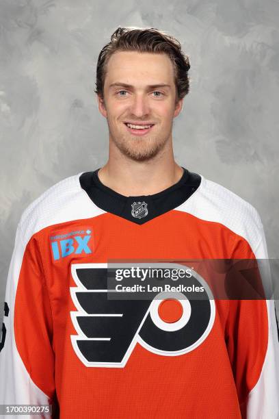 Travis Sanheim of the Philadelphia Flyers poses for his official headshot for the 2023-2024 season on September 20, 2023 at the Flyers Training...
