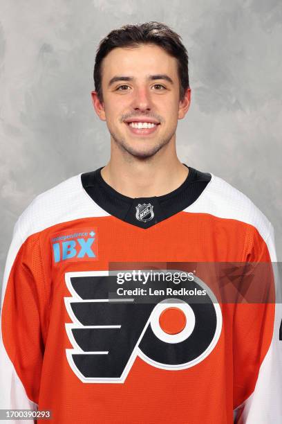 Morgan Frost of the Philadelphia Flyers poses for his official headshot for the 2023-2024 season on September 20, 2023 at the Flyers Training Center...