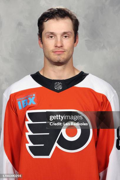 Joal Farabee of the Philadelphia Flyers poses for his official headshot for the 2023-2024 season on September 20, 2023 at the Flyers Training Center...