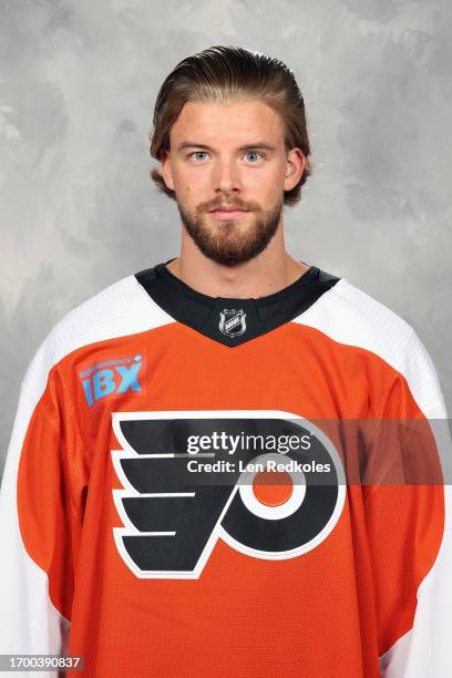 Samuel Ersson of the Philadelphia Flyers poses for his official headshot for the 2023-2024 season on September 20, 2023 at the Flyers Training Center...