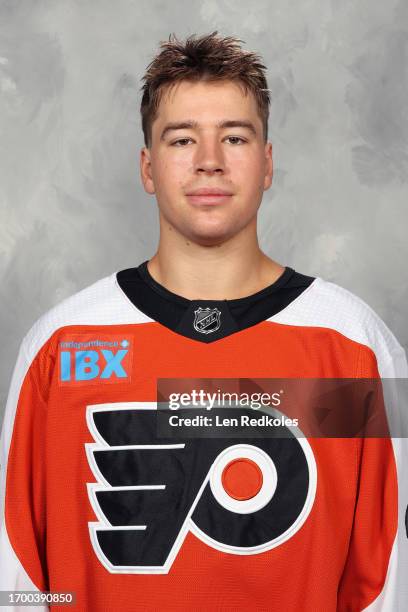Bobby Brink of the Philadelphia Flyers poses for his official headshot for the 2023-2024 season on September 20, 2023 at the Flyers Training Center...