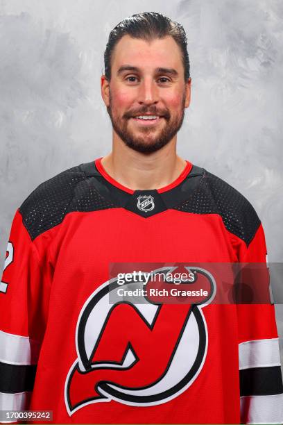 Brendan Smith of the New Jersey Devils poses for his official headshot for the 2023-2024 season on September 20, 2023 at Prudential Center in Newark,...