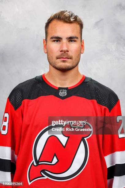 Timo Meier of the New Jersey Devils poses for his official headshot for the 2023-2024 season on September 20, 2023 at Prudential Center in Newark,...