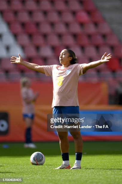 Lauren James of England reacts during a training session at Stadium Galgenwaard on September 25, 2023 in Utrecht, Netherlands.