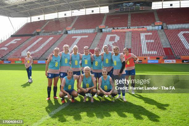 Players of England pose for a photo during a training session at Stadium Galgenwaard on September 25, 2023 in Utrecht, Netherlands.