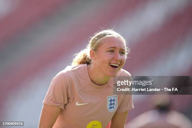 Katie Robinson of England reacts during a training session at Stadium Galgenwaard on September 25, 2023 in Utrecht, Netherlands.