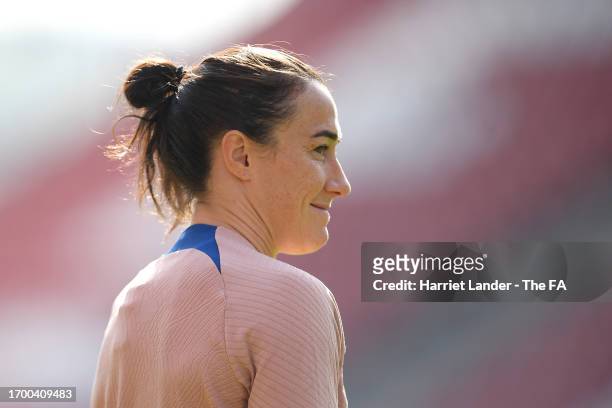 Lucy Bronze of England reacts during a training session at Stadium Galgenwaard on September 25, 2023 in Utrecht, Netherlands.