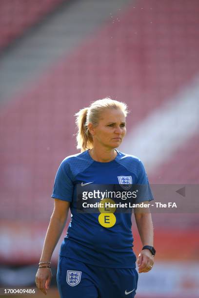Sarina Wiegman, Manager of England, reacts during a training session at Stadium Galgenwaard on September 25, 2023 in Utrecht, Netherlands.