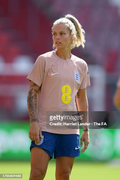 Rachel Daly of England reacts during a training session at Stadium Galgenwaard on September 25, 2023 in Utrecht, Netherlands.