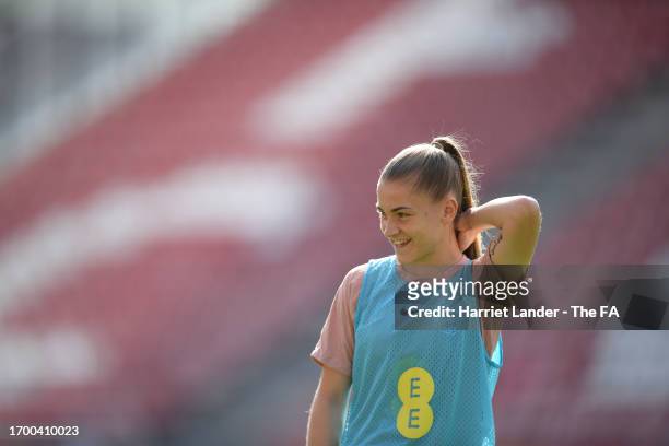 Jess Park of England reacts during a training session at Stadium Galgenwaard on September 25, 2023 in Utrecht, Netherlands.