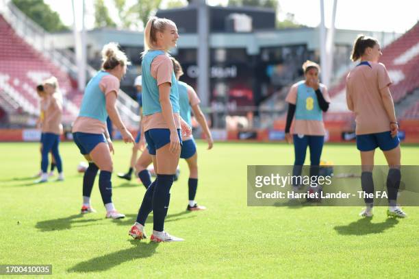 Chloe Kelly of England reacts during a training session at Stadium Galgenwaard on September 25, 2023 in Utrecht, Netherlands.